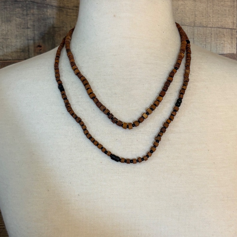 Vintage Handmade Double Strand Wood Heishi Bead Necklace Brown Black 22 Inch